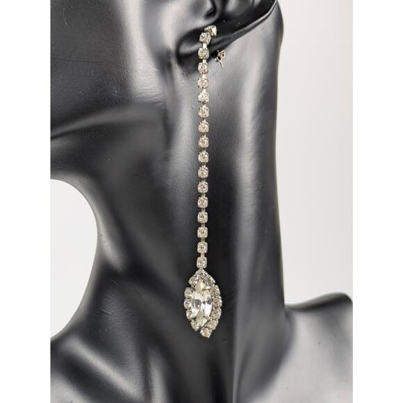 Womens Pierced Extra Long Dangle Earring 4" Drop Rhinestone Sparkle Dress Formal - Picture 2 of 5